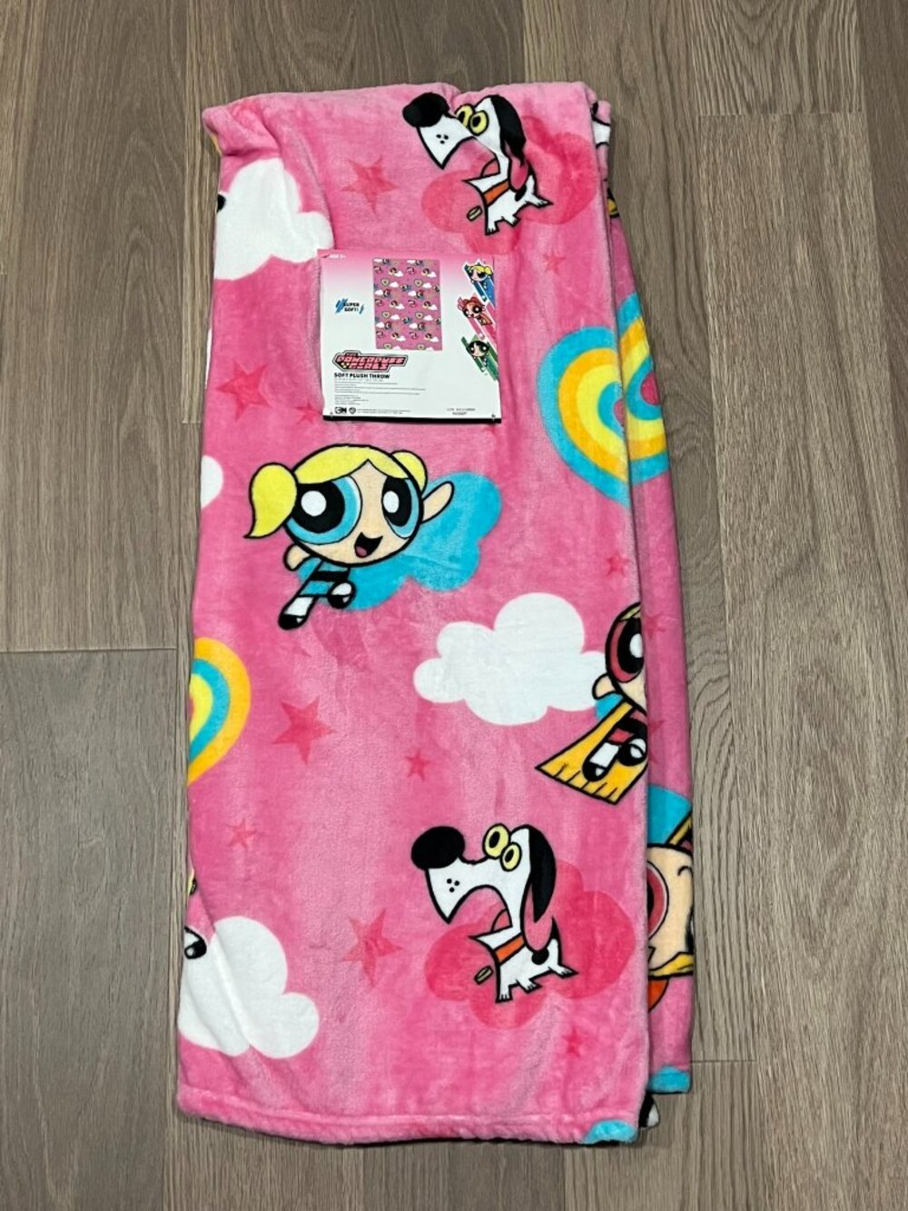 POWERPUFF GIRLS Pink Plush Throw Blanket 50x70 Blossom Buttercup Bubbles Dog NWT